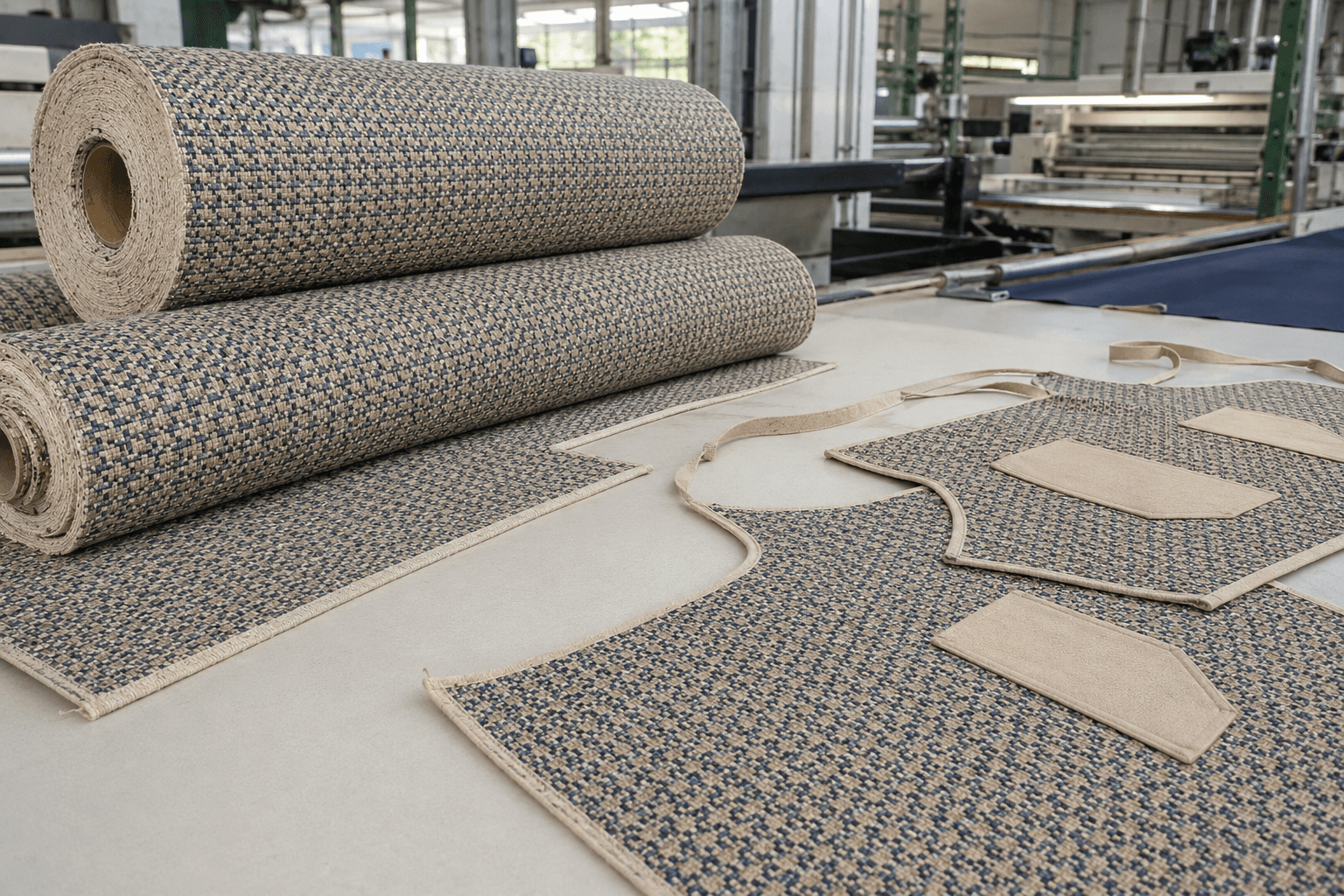 Realistic photo of folded jacquard-woven apron fabric rolls with an intricate woven pattern on a cutting table in a textile factory, no people.